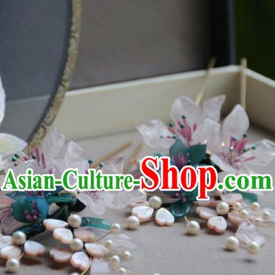 Traditional Chinese Hanfu Hair Accessories Ancient Princess Blue and Green Flowers Hairpins for Women