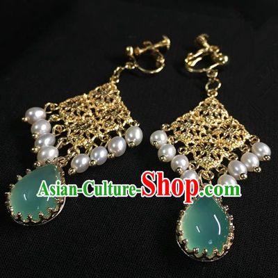Traditional Chinese Hanfu Accessories Ancient Princess Pearls Green Agate Earrings for Women