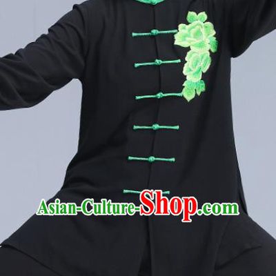 Asian Chinese Martial Arts Wushu Costume Traditional Tai Ji Kung Fu Training Embroidered Peony Black Uniform for Women