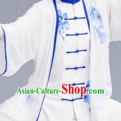 Asian Chinese Martial Arts Wushu Costume Traditional Tai Ji Kung Fu Training Printing Peony White Uniform for Women