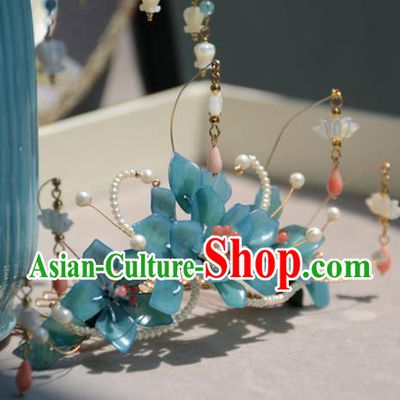 Traditional Chinese Hanfu Hair Accessories Ancient Princess Blue Flowers Hair Crown Tassel Hairpins for Women