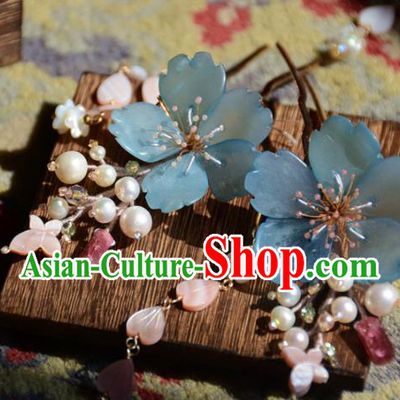 Traditional Chinese Hanfu Hair Accessories Ancient Princess Pearls Blue Flowers Tassel Hairpins for Women