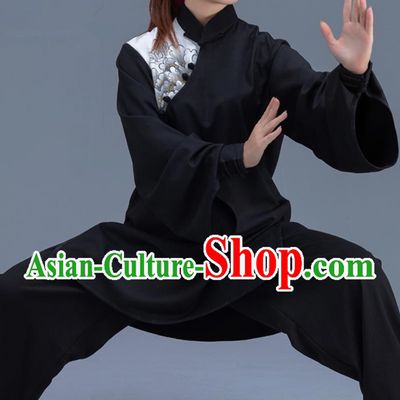 Asian Chinese Traditional Martial Arts Printing Peony Black Costume Tai Ji Kung Fu Training Uniform for Women