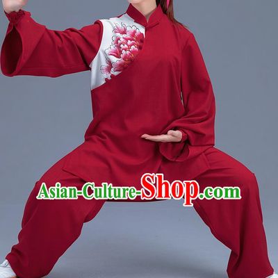 Asian Chinese Traditional Martial Arts Printing Peony Red Costume Tai Ji Kung Fu Training Uniform for Women