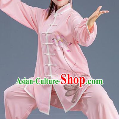 Asian Chinese Traditional Martial Arts Kung Fu Printing Lotus Pink Costume Tai Ji Training Group Competition Uniform for Women