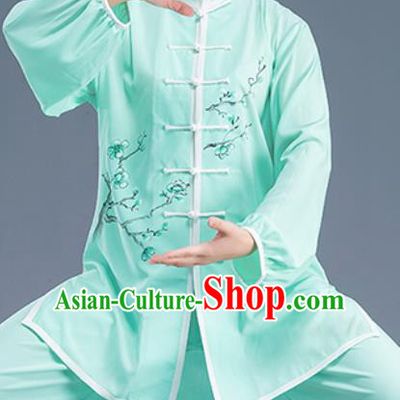 Asian Chinese Traditional Martial Arts Kung Fu Printing Plum Blossom Green Costume Tai Ji Training Group Competition Uniform for Women