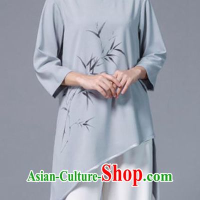 Asian Chinese Martial Arts Traditional Kung Fu Printing Bamboo Grey Costume Tai Ji Training Group Competition Uniform for Women