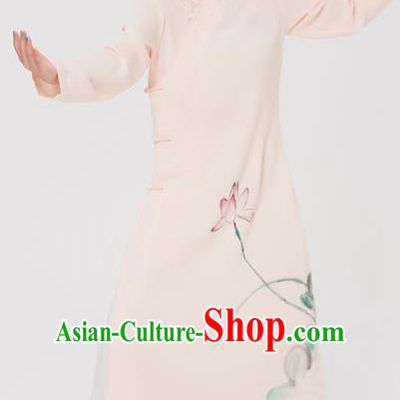 Asian Chinese Martial Arts Traditional Kung Fu Costume Tai Ji Training Ink Painting Lotus Robe for Women