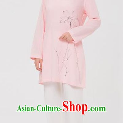 Asian Chinese Martial Arts Traditional Kung Fu Costume Tai Ji Training Ink Painting Lotus Pink Blouse for Women