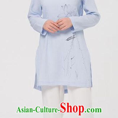 Asian Chinese Martial Arts Traditional Kung Fu Costume Tai Ji Training Ink Painting Lotus Blue Blouse for Women