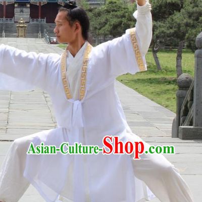 Asian Chinese Traditional Martial Arts Kung Fu Costume Taoist Priest Tai Ji White Robe for Men