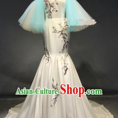 Top Grade Chinese Stage Performance Modern Fancywork White Trailing Dress Brazilian Carnival Costume for Women