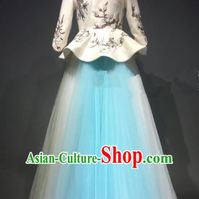 Top Grade Chinese Stage Performance Blue Veil Dress Brazilian Carnival Modern Fancywork Costume for Women