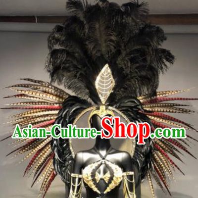 Top Grade Halloween Stage Performance Props Brazilian Carnival Black Feather Wings and Headwear for Women