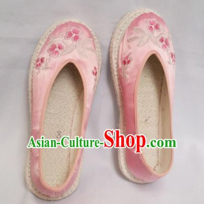 Chinese Ancient Princess Shoes Traditional Embroidered Pink Satin Shoes Hanfu Shoes for Women