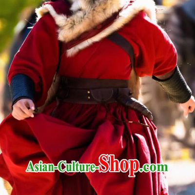 Chinese Traditional Ancient Ethnic Princess Red Hanfu Dress Tang Dynasty Swordswoman Historical Costume and Headpiece for Women