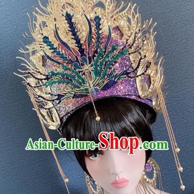 Chinese Handmade Purple Crystal Phoenix Hat Hair Accessories Halloween Modern Fancywork Headwear for Women