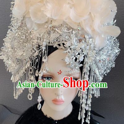 Chinese Handmade White Feather Phoenix Coronet Hair Accessories Halloween Modern Fancywork Headwear for Women