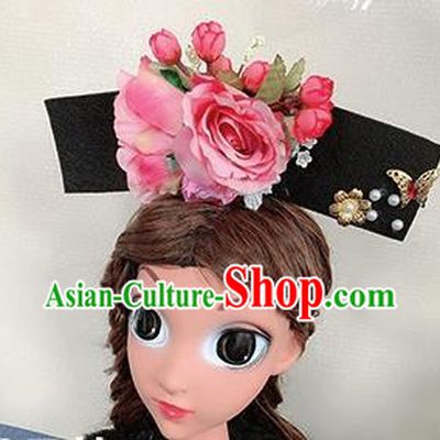 Chinese Handmade Qing Dynasty Pink Peony Hair Accessories Ancient Palace Princess Hair Clasp for Women