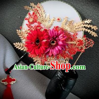 Chinese Traditional Wedding Palace Fans Ancient Bride Phoenix Round Fans for Women