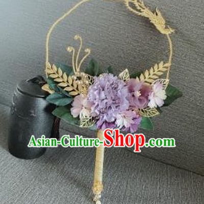 Chinese Traditional Wedding Palace Fans Ancient Bride Purple Flowers Phoenix Round Fans for Women
