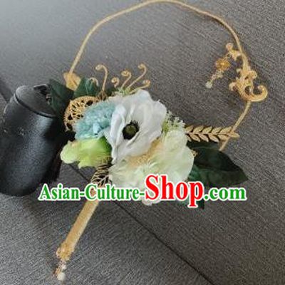 Chinese Traditional Wedding Palace Fans Ancient Bride White Peony Phoenix Round Fans for Women