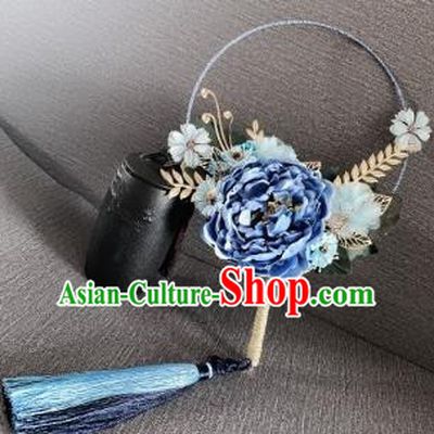 Chinese Traditional Wedding Palace Fans Ancient Bride Blue Peony Phoenix Round Fans for Women