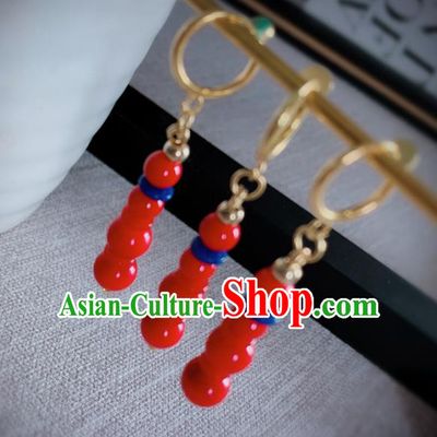 Chinese Traditional Ancient Qing Dynasty Manchu Lady Red Beads Earrings for Women