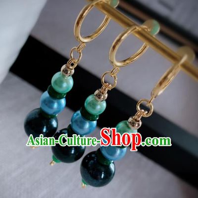 Chinese Traditional Ancient Qing Dynasty Manchu Lady Green Beads Earrings for Women