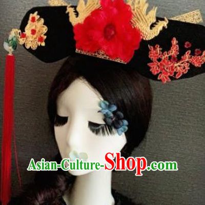 Traditional Chinese Ancient Palace Red Peony Hair Accessories Qing Dynasty Queen Headwear for Women