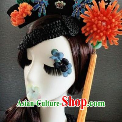 Traditional Chinese Ancient Palace Orange Velvet Chrysanthemum Hair Accessories Qing Dynasty Queen Headwear for Women