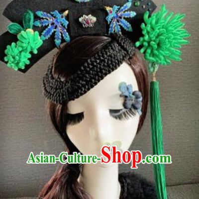 Traditional Chinese Ancient Palace Green Velvet Chrysanthemum Hair Accessories Qing Dynasty Queen Headwear for Women