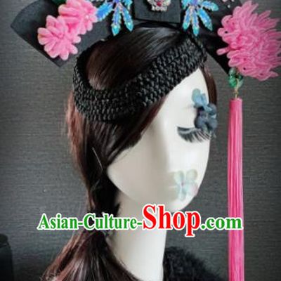 Traditional Chinese Ancient Palace Pink Velvet Chrysanthemum Hair Accessories Qing Dynasty Queen Headwear for Women
