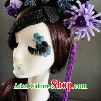 Traditional Chinese Ancient Palace Purple Velvet Chrysanthemum Hair Accessories Qing Dynasty Queen Headwear for Women
