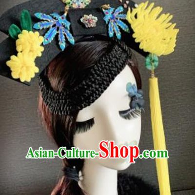 Traditional Chinese Ancient Palace Yellow Velvet Chrysanthemum Hair Accessories Qing Dynasty Queen Headwear for Women