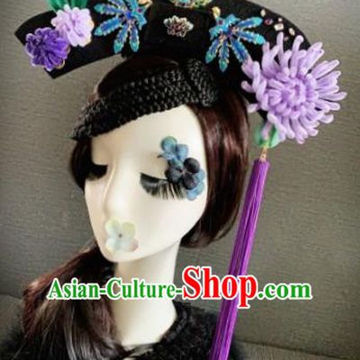 Traditional Chinese Ancient Palace Light Purple Velvet Chrysanthemum Hair Accessories Qing Dynasty Queen Headwear for Women
