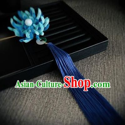 Traditional Chinese Ancient Qing Dynasty Palace Queen Blue Velvet Chrysanthemum Hairpins Headwear Hair Accessories for Women