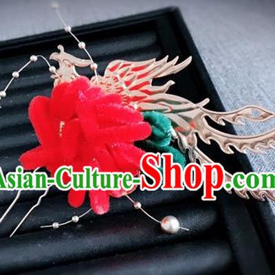 Traditional Chinese Ancient Qing Dynasty Palace Queen Red Velvet Chrysanthemum Phoenix Hairpins Headwear Hair Accessories for Women