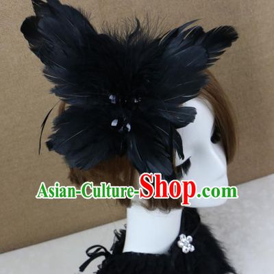 Top Grade Stage Performance Hair Accessories Gothic Bride Black Feather Hair Stick Headwear for Women