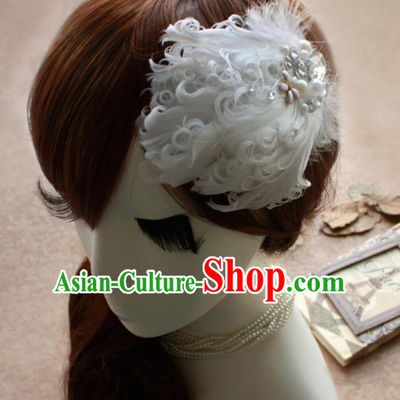 Top Grade Princess White Feather Crystal Hair Accessories Bride Hair Stick Headwear for Women