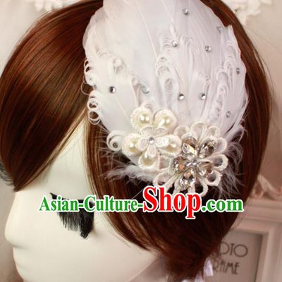 Top Grade Bride Hair Stick Headwear Princess White Feather Hair Accessories for Women