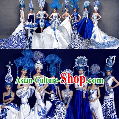 Traditional Blue and White Porcelain Silk Fabric Maxi Dress