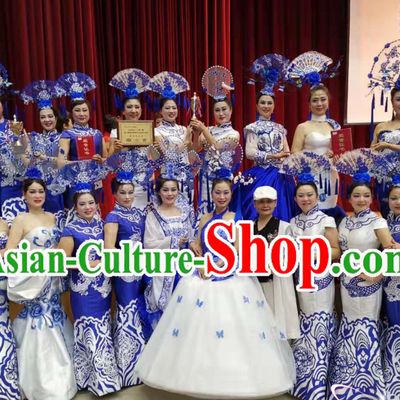 Traditional Blue and White Porcelain Silk Fabric Maxi Dress
