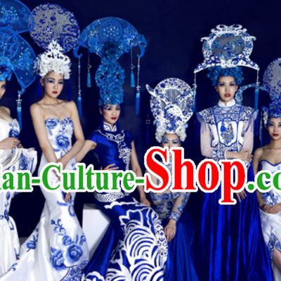 Traditional Blue and White Porcelain Silk Fabric Maxi Dress Long Evening Dresses