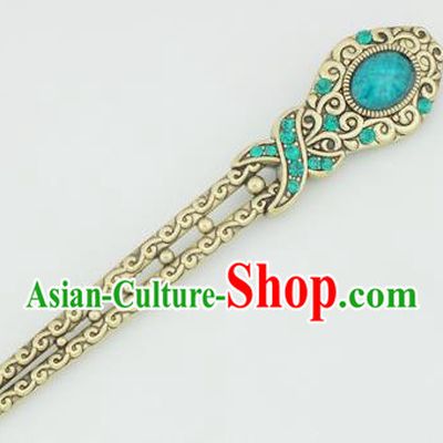 Chinese Ancient Princess Blue Crystal Hairpins Headwear Traditional Hanfu Hair Accessories for Women