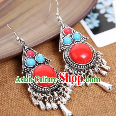 Top Grade Chinese Zang Nationality Red Earrings Traditional Ethnic Accessories for Women