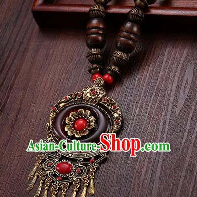Handmade Chinese Zang Nationality Wine Red Necklace Traditional Ethnic Necklet Accessories for Women