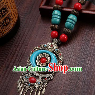 Handmade Chinese Zang Nationality Necklace Traditional Ethnic Blue Necklet Accessories for Women