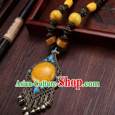 Handmade Chinese Tibetan Ethnic Yellow Necklace Traditional Zang Nationality Necklet Accessories for Women