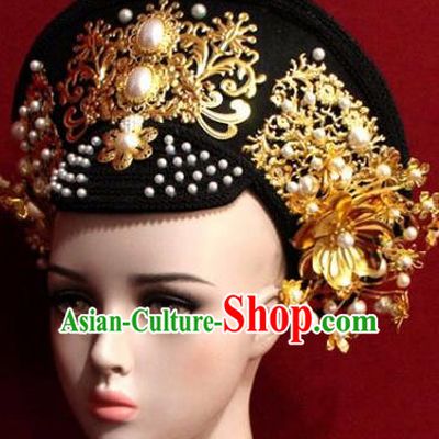 Chinese Ancient Manchu Empress Headwear Golden Hat Traditional Qing Dynasty Queen Hair Accessories for Women